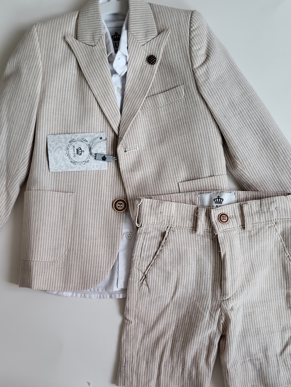 Beau Boys Beige Pinstripe Blazer & Pants Set